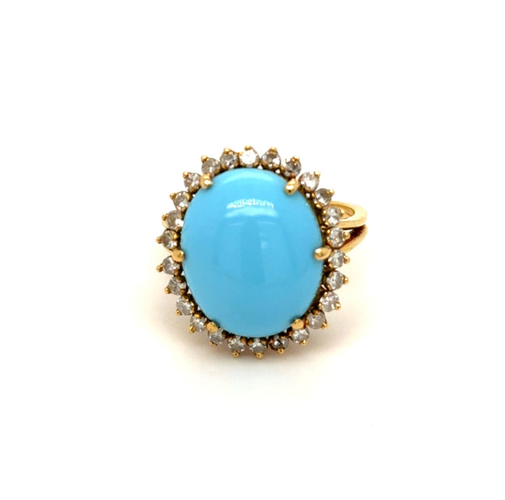 Bague rétro turquoise et diamants en or jaune – Époque 1950