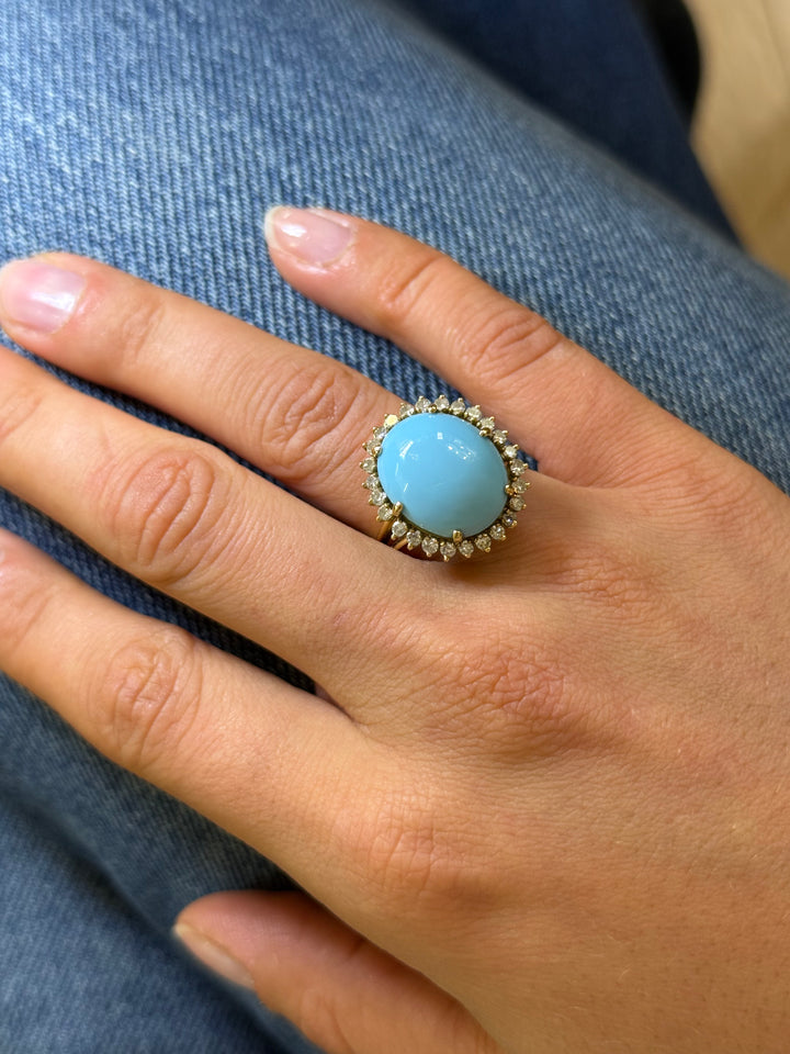 Bague rétro turquoise et diamants en or jaune – Époque 1950