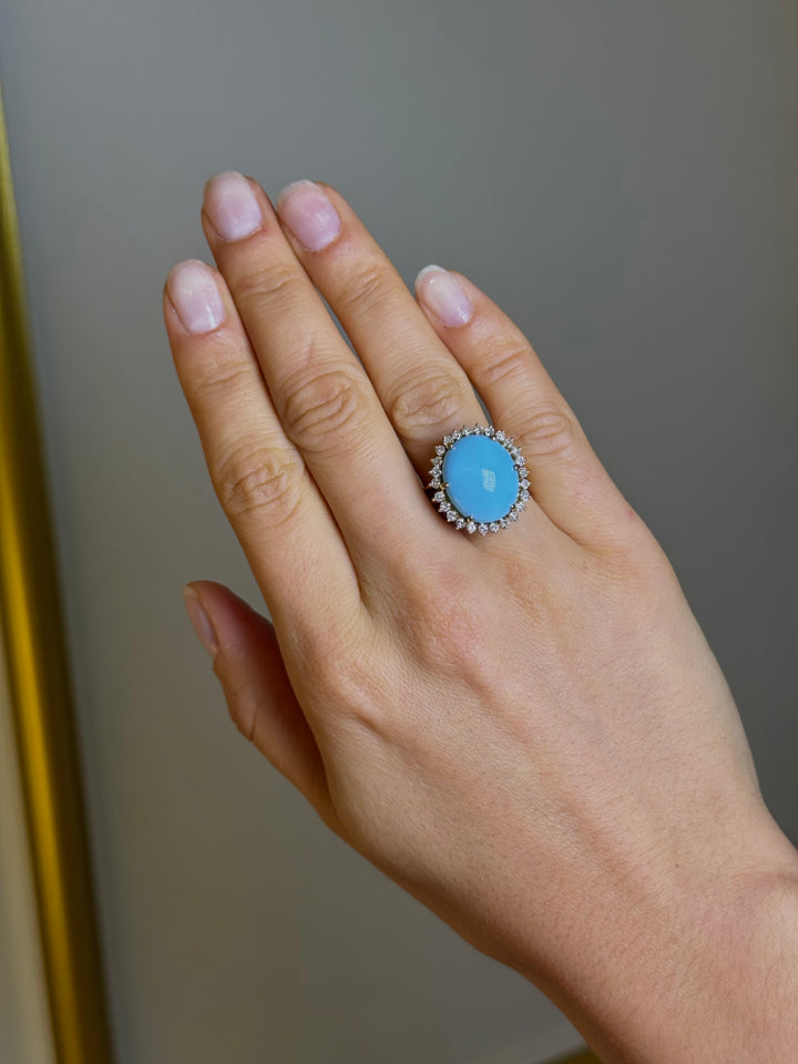 Bague rétro turquoise et diamants en or jaune – Époque 1950